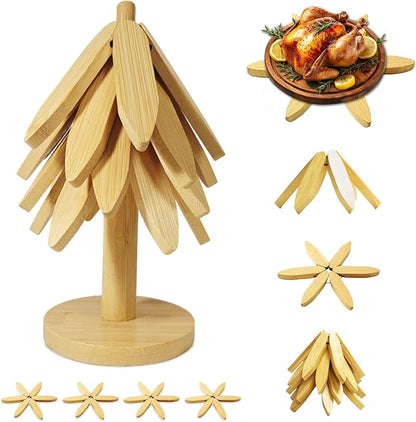 EGO LIFE Wooden Trivet Tree Set for Hot Dishes, 100% Natural Wood Trivets, Expandable Design Coasters, Foldable Tree-Sharped Placemats with 4PCS(Original Color)
