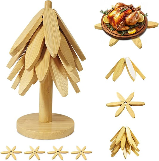 EGO LIFE Wooden Trivet Tree Set for Hot Dishes, 100% Natural Wood Trivets, Expandable Design Coasters, Foldable Tree-Sharped Placemats with 4PCS(Original Color)