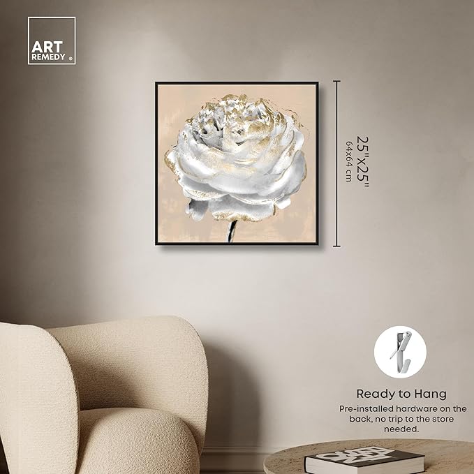 Art Remedy Beige Ranunculus Canvas Elegant White Gold Wall Art, Black Frame, 24" x 24"