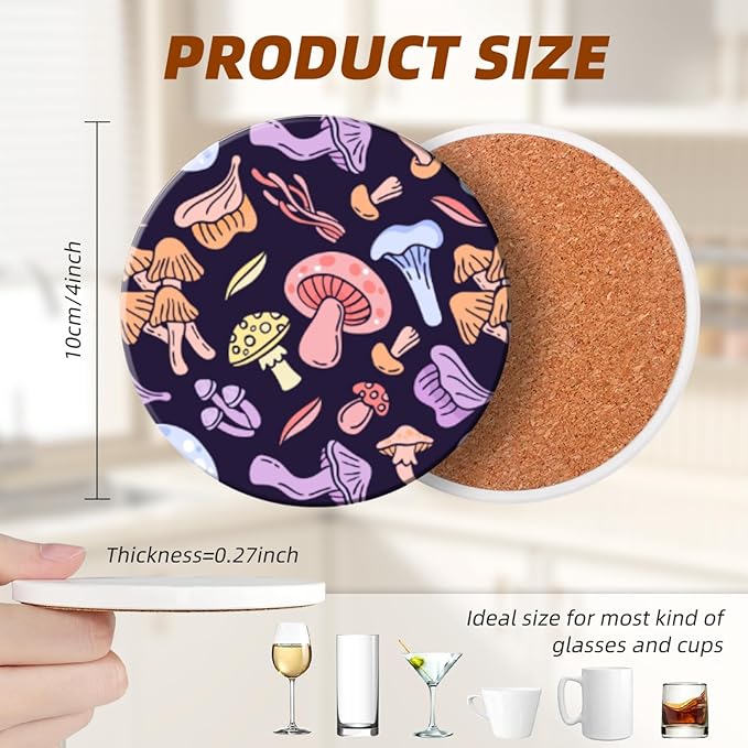 Coasters Set of 6 Ceramic Drink Coaster with Cork Base Modern Style Coasters for Mugs and Cups Office Kitchen 4 in