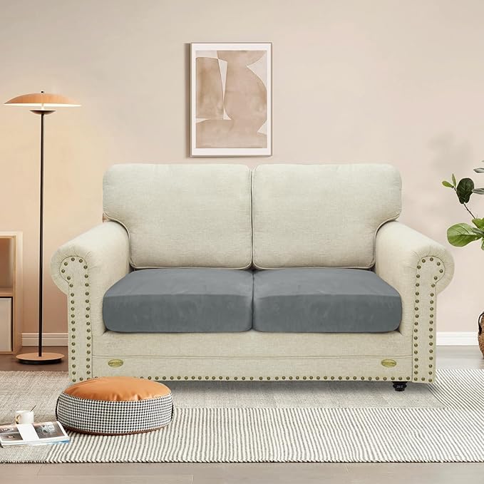 MAXIJIN Velvet Stretch Seat Cushion Covers Couch Cushion Cover for Individual Cushions Sofa Seat Cushion Slipcovers with Elastic Bottom (2 Piece Sofa Cushion Covers, Light Grey)