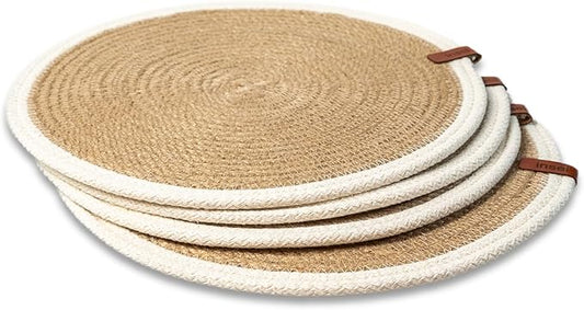 Round Placemats Set of 4, Handmade by Braided Natural Jute with White Cotton Cord, Dia. 12.6 Inch, Heat Resistant, Doublesided, Light Brown