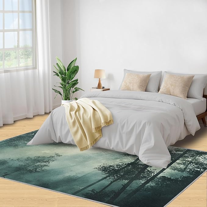 Forest Rug for Living Room, Misty Forest 4x5 Area Rug Natural Landscape Rug for Bedroom Non-Slip Indoor Floor Carpet, Low Pile Resistant Carpet for Dining Room, Office, Home Decor