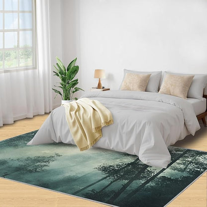 Forest Rug for Living Room, Misty Forest 3x4 Area Rug Natural Landscape Rug for Bedroom Non-Slip Indoor Floor Carpet, Low Pile Resistant Carpet for Dining Room, Office, Home Decor