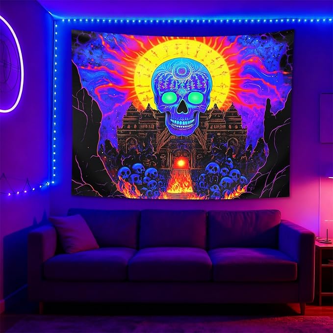 seewan Black Light Mystic Skull Tapestry, Glow-in-the-Dark UV Neon Blue Skeleton with Yellow Sun Halo Tapestry, Psychedelic Ancient Temple Wall Hanging, Bedroom Dorm Living Room Background Decor