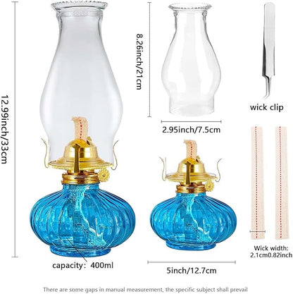 Large Oil Lamp for Indoor Use,Rustic Kerosene Lamp with 2 Pcs Wicks and 1 Tweezers,Glass Hurricane Lantern for Home Emergency Lighting (Blue)