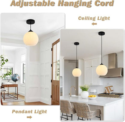 KCO Lighting Milk Glass Globe Pendant Lights Kitchen Island Industrial Vintage Ribbed Pendant Light Black Ceiling Hanging Light Fixture White Globe Pendant Light Fixture
