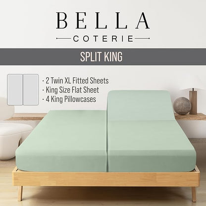 Bella Coterie 7 Piece Luxury Bamboo Viscose Split King Size Sheet Set | 2 Fitted Sheets for Adjustable Beds | 100% Organically Grown | Cooling for Hot Sleepers | 4 Pillowcases [Sea Glass]