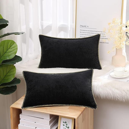 decorUhome Spring Chenille Soft Throw Pillow Covers 12x20 Set of 2, Lumbar Velvet Farmhouse Neutral Decorative Pillow Covers with Stitched Edge for Couch Sofa Bed Home Decor, Black