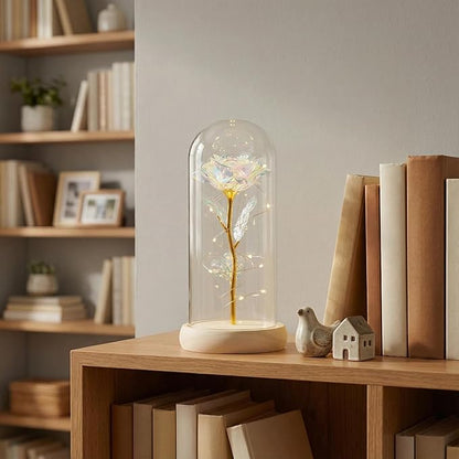 Preserved Fresh Flower in Glass Dome with LED Lights, Gold Stem Rose with Wooden Base, Romantic Home Decor Gift for Valentine's Day (A golden rose as a gift for mom or your lover)