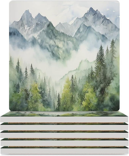 Square-6PCS Forest Drink Coasters, Square Modern Ceramic Absorbent Coasters, Watercolor Style Nature Woodland Green Forest Mountain Plant Decor Desk Coffee Table Coaster for Beverage Cup Tea Coasters