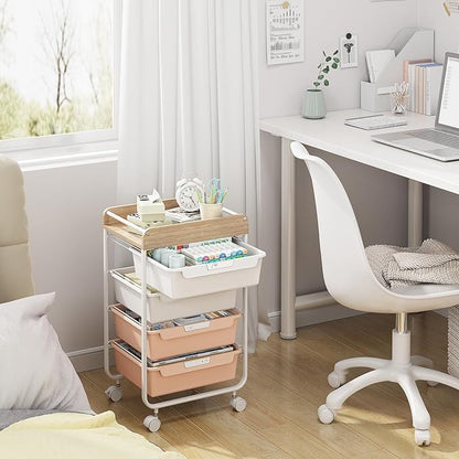 Rolling Storage Utility Cart With 4 Drawers,Kids Craft Art Cart,Makeup Organizer And Storage with Wooden Tabletop,Pearl