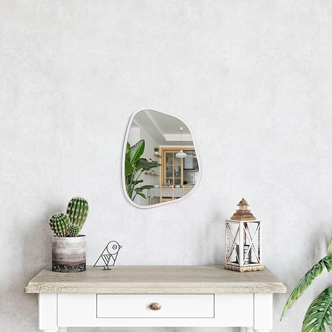 White Irregular Bathroom Mirror Modern Oval Wall Mirror Asymmetrical Wooden Framed Wall Mirror Unique Shape Wall Mounted Vanity Artistic Mirror Decor for Living Room Bedroom Entryway Small 14"x10"
