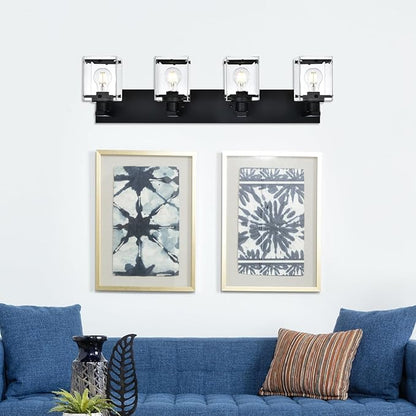 4-Light Bathroom Vanity Light Fixture, Modern Black Wall Lighting Over Mirror with Rectangular Clear Glass, E26 Bulb Base