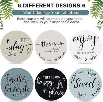 Queekay Coasters Set of 6 House Warming Gifts New Home Wooden Farmhouse Drink Coasters with Holder 4'' Funny Decoration for Kitchen Family Coffee Bar Tabletop Protection(Gray Blue)