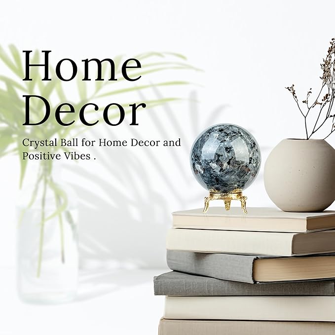 Crocon 50mm Larvikite Stone Sphere Ball with Metal Stand 1400+ Carats Gemstone Ball Healing Sphere Sculpture Figurine for Fengshui Divination Home Decoration Photography Crystal Sphere