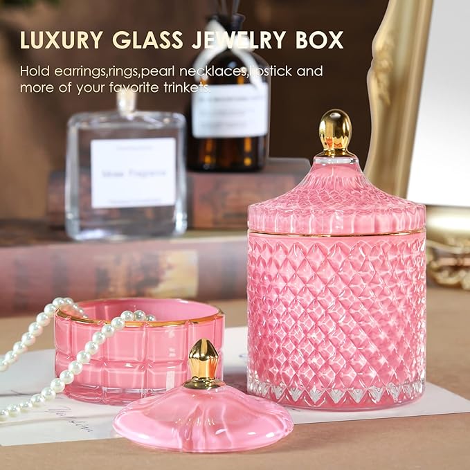Candy Cookie Jar Candy Dish with Lid, Apothecary Jars with Lids for Bathroom Pink Decor Aesthetic Room Decor， Glass Decorative jar for Storage Cotton Swab or Cotton Rounds (20oz)