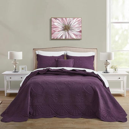 Bedspread - Full Size Bedding Cover - Modern & Contemporary Coverlet Set, Real Stitching, Reversible, Lightweight, 5 Piece, Purple