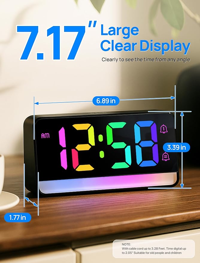 MASHI Loud Alarm Clock for Heavy Sleepers,Digital Clock with 12 Color NightLight,Adjustable Volume,Dynamic RGB Color, Snooze, DST Bedrooms Bedside,ok to Wake for Kids,Teens
