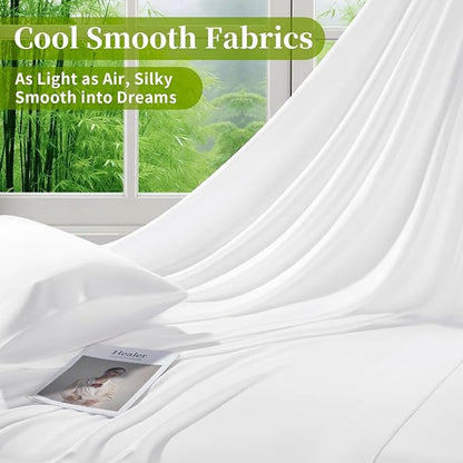 Shilucheng 100% Viscose Derived from Bamboo_ Sheets Full Size 4pcs - Ultra Cooling & Silky Soft Bed Sheets, 16" Deep Pocket, Perfect for Hot Sleepers, Hotel Bedding Sheets (White)