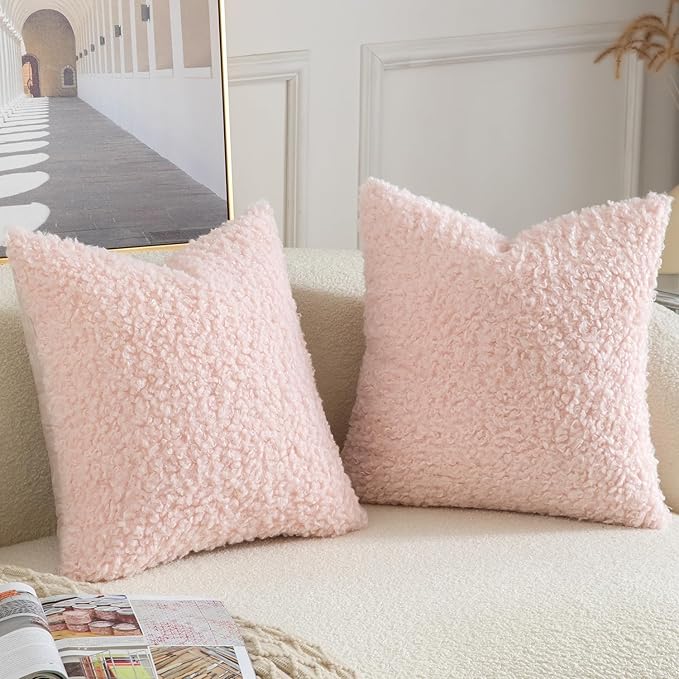 Yaertun Pack of 2 Faux Fur Throw Pillow Covers Decorative Sherpa Boucle Pillow Covers Fuzzy Soft Pillowcases Sheepskin Fleece Cushion Case for Couch Sofa Bed Living Room 24x24 Inch Pink