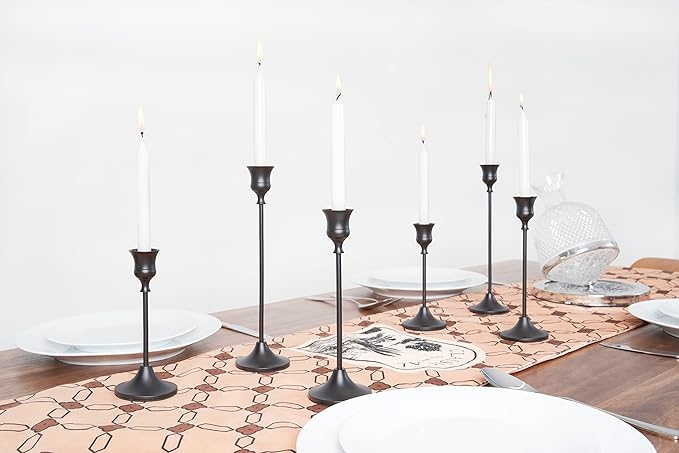 Set of 6 Black Candle Holders for Taper, Vintage Candlestick Holder Decorative Metal Candle Sticks Home Decor Centerpieces for Table Mantel Festive Decorations