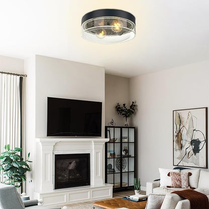 Flush Mount Ceiling Light Fixtures, 2-Light Farmhouse Light Fixtures Ceiling Mount with Seeded Glass Lampshade, Industrial Flush Mount Light Fixture Farmhouse for Hallway, Kitchen, Entryway and Foyer