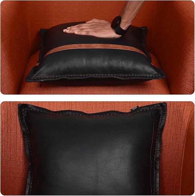 LL LEATHER LOVERS Genuine Lambskin Leather Pillow Cover, 18x18 Inch Case for Lumbar Throw Couch Pillows, Thick & Soft Cushion Covers for Sofa Bed Home Décor (Black & Tan Box Pack of 2)
