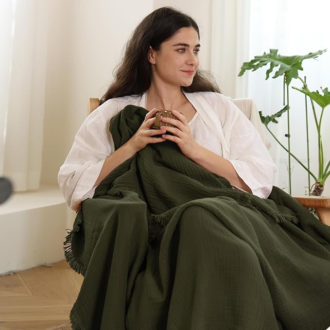 MooMee Muslin Blanket - 100% Cotton 4-Layer Gauze Throw Blanket with All-Around Fringe, Ultra-Soft Breathable Lightweight Cooling Decorative for Bed, Sofa & Couch (Olive Green,Twin XL 66" x 90")