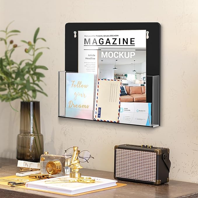 ZHIDIAN Acrylic Magnetic Wall File Organizer - Clear Black Acrylic Hanging Wall File Holder, Wall Mount Folder Mail Document Holder for Office, Fridge, Whiteboard, 2Pack