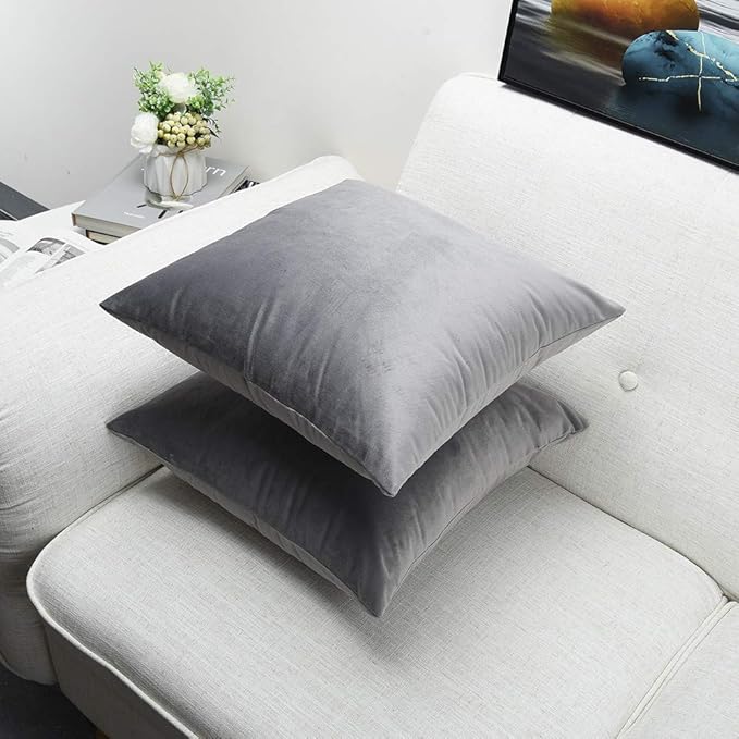 Artaimee Gray Velvet Throw Pillow Covers 18x18 Set of 2 – Soft Decorative Cushion Cases for Sofa, Couch, Bed & Home Décor