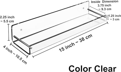 AMT 2 Pack Acrylic Floating Shelves, 15" L x 4" W, Clear Bathroom Wall, Bookshelves, Invisible Display for Office, Bedroom, Small Gap Allows Water to Escape, Free Screws & Drill Bit (L- New Model)