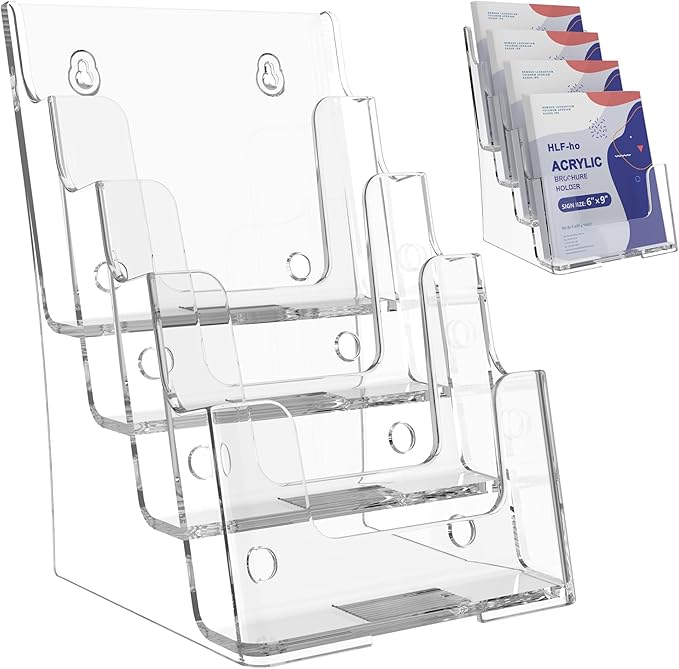 Brochure Holder 6x9 Inch 4 Tier Acrylic Literature Holders Clear Plastic Flyer Display Stand Countertop Use or Wall Mount Pamphlet Holder Organizer for Office, Lobby, Hotel, Trade Show, 1 Pack