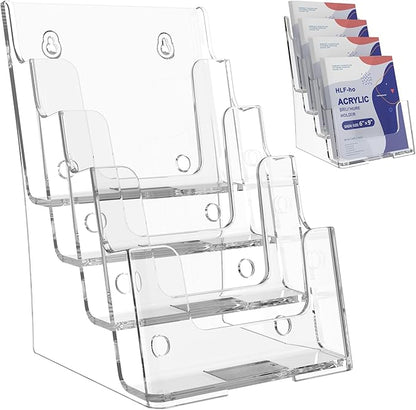 Brochure Holder 6x9 Inch 4 Tier Acrylic Literature Holders Clear Plastic Flyer Display Stand Countertop Use or Wall Mount Pamphlet Holder Organizer for Office, Lobby, Hotel, Trade Show, 1 Pack