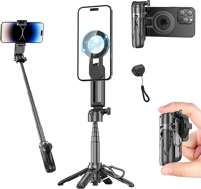 FOURPILLARS Magnetic Tripod Stand for iPhone, Mini Selfie Stick Tripod with Detachable Remote, Portable Cell Phone Tripod Stand Compatible with iPhone/Android, Live Streaming, Video Recording