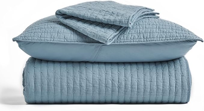 EVERGRACE x Kinsey Walsh Cross Stitch Pre-Washed Cotton Quilt Bedding Set Queen Size, Oversized 3 Pieces Lightweight Bedspread Coverlet for All Season, with 2 Matching Shams, Dusty Blue, 92"x96"