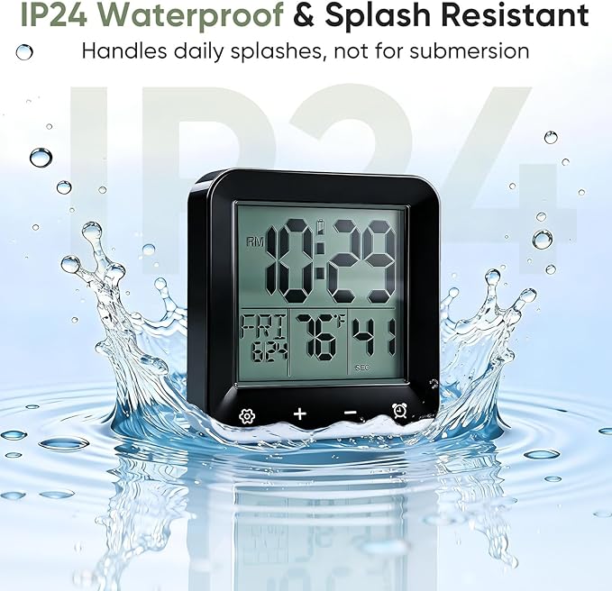 Digital Waterproof Shower Clock, Bathroom Kitchen Clock with Countdown Timer, Wall Clock with Large LCD Display, Temperature, Touch Button, Suction, Hanging Hole, Battery Operated I Black