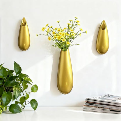 Sculptural Wall Ceramic Vase — 3 Pack Gold Hanging Sconce Vase | Turn Flowers into Art — Decorative Ceramic Wall Sconce for Single Stem Displays