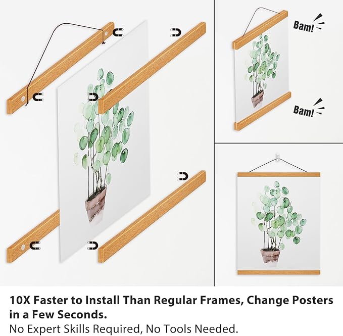 Magnetic Poster Hanger Frame for 55x80 55x40 55x27 Movie Music Posters Wall Art,Teak Wood Picture Frames for Large Canvas Diamond Map Decor, Living Room Calendar Banner Tapestry Photo Hanging Stand