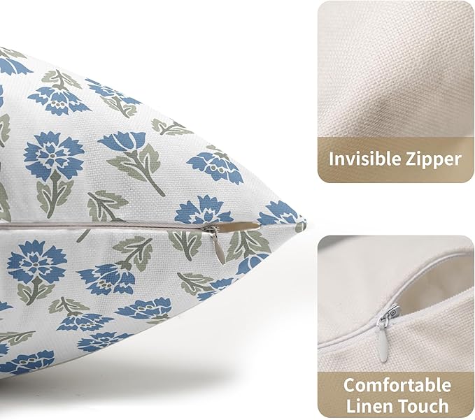 Blue Green Block Print Lumbar Pillow Covers 12x20 Set of 2 Floral Spring Summer Flower Pattern Decorative Outdoor Throw Pillowcases Boho Cushion Cover Rustic Decoration Farmhouse Sofa Couch Bed Decor