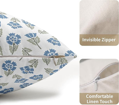 Blue Green Block Print Lumbar Pillow Covers 12x20 Set of 2 Floral Spring Summer Flower Pattern Decorative Outdoor Throw Pillowcases Boho Cushion Cover Rustic Decoration Farmhouse Sofa Couch Bed Decor