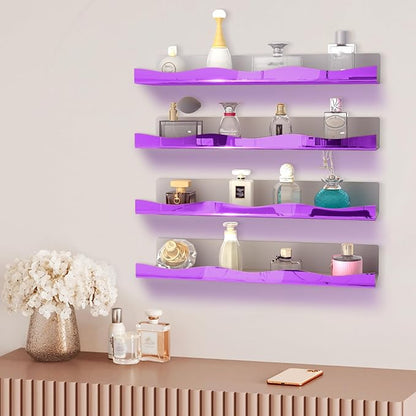 YMVV 15.7 in Large Purple Reflective Acrylic Mounted Floating Shelf, Perfume Organizer Shelf, Modern Bathroom Storage Toy Display Organizer Decor 4 Pack