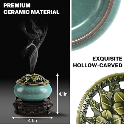 Ceramic Incense Burner with Lotus Incense Holder, Multi-Functional Incense Burner Holder for Incense Sticks, Coil Incense and Cones, Perfect Home Decor (Blue)