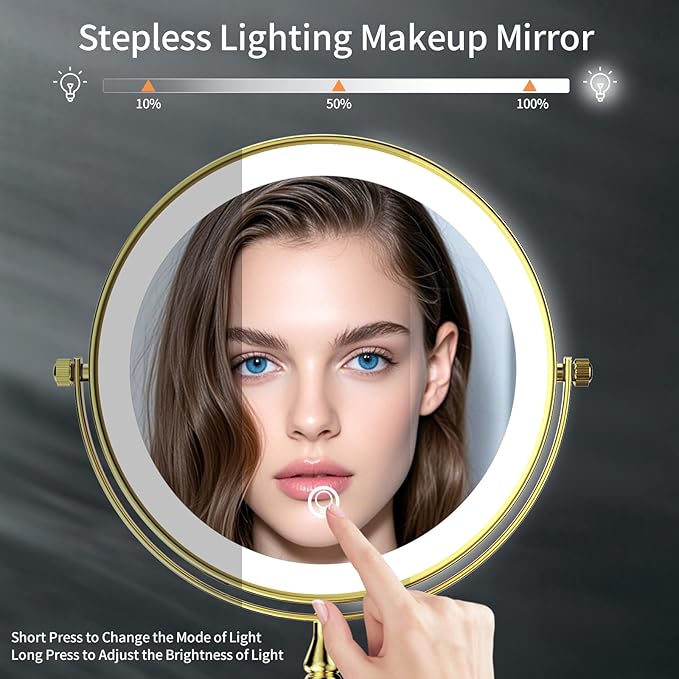 DOWRY 4000 mAh Rechargeable Lighted Makeup Mirror 10x Magnification Vanity Mirror Tabletop Two-Sided Swivel Gifts for Women Wife Mom Teengirls Gold Finish