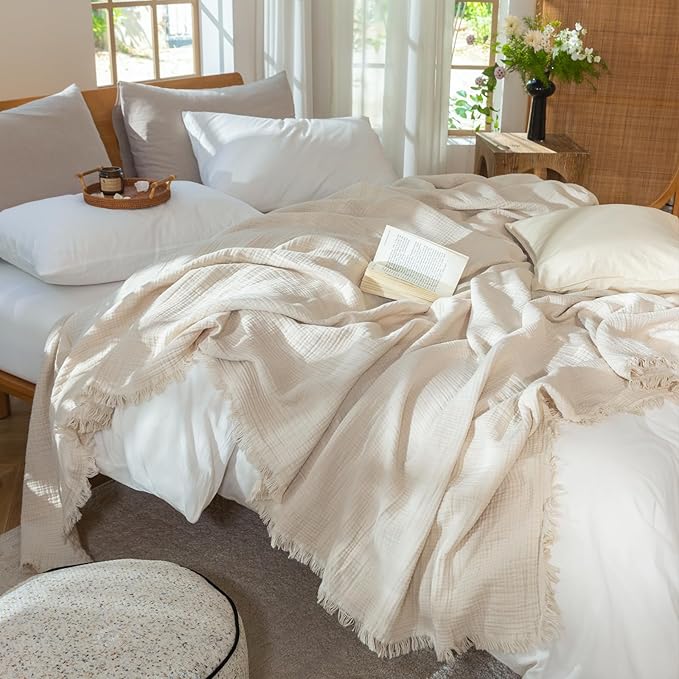 MooMee Muslin Blanket - 100% Cotton 4-Layer Gauze Throw Blanket with All-Around Fringe, Ultra-Soft Breathable Lightweight Cooling Decorative for Bed, Sofa & Couch (Beige,Throw 60" x 50")