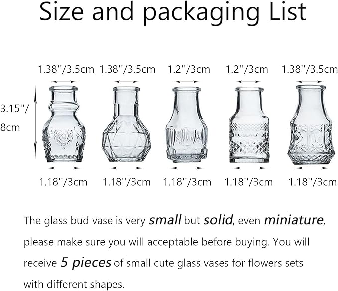 Glass Bud Vase Clear - Mini Vases 5Pcs/Set Bud Vases for Flowers Cute Clear Vintage Small Glass Vases Bud vases in Bulk for Decor, Home Table Centerpieces, Dinning, Wedding