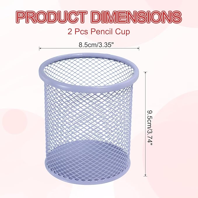 uxcell 2Pcs Mesh Pencil Holder, Metal Pen Cup Desk Organizer Makeup Brush Cup Holder for Home, Office, Classroom(Light Purple)