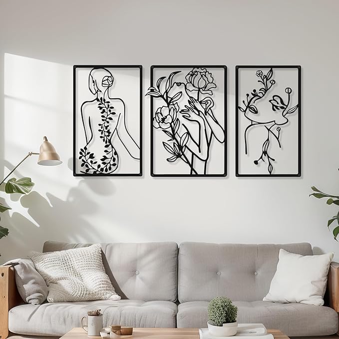 CHENGU 3 Pieces Metal Minimalist Abstract Woman Wall Art Line Drawing Wall Art Decor Single Line Female Home Hanging for Kitchen Bathroom Living Room