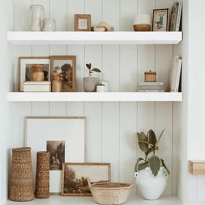 QEEIG Floating Shelves for Wall 35.4" Long - Wall Mounted Shelf Bathroom Kitchen Living Room Bedroom Farmhouse Home Decor Display Bookshelf Large 35.4 x 9.3 inch Set of 2, White (008-90W)