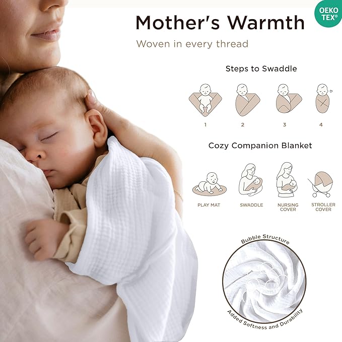 Threadmill Muslin Baby Blanket | 4 Layer Swaddle Blankets for Newborns| Multi Use Muslin Blankets 41 x 37| Ultra-Soft Breathable Baby Wrap for Boys & Girls| Registry Essential| White